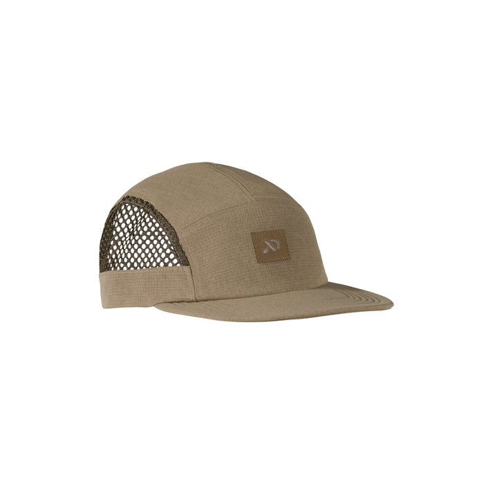 Khaki 5-panel cap with dark mesh sides and a front logo patch.