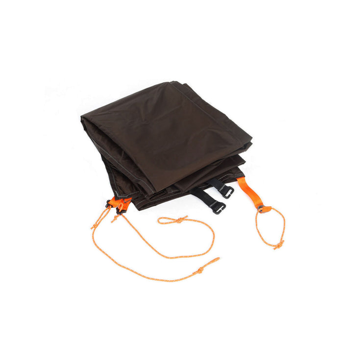 Folded dark brown tent footprint with orange webbing, black buckles, and orange reflective cords.