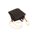 Folded dark brown tent footprint with orange webbing, black buckles, and orange reflective cords.