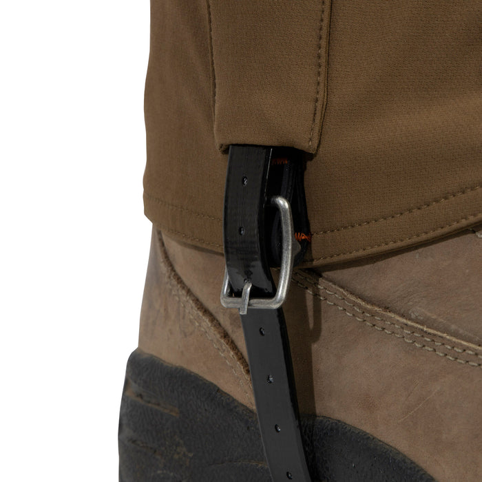 Brown leather boot with khaki fabric shaft and a black strap secured by a silver buckle.