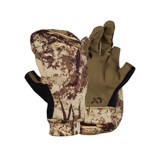 Pair of tan and brown camouflage convertible mitten gloves revealing olive green fingerless hands with black trim.