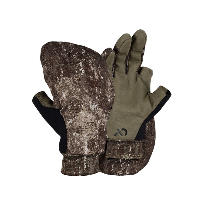Brown camouflage convertible mittens, one open to reveal olive green fingerless tips with black trim.