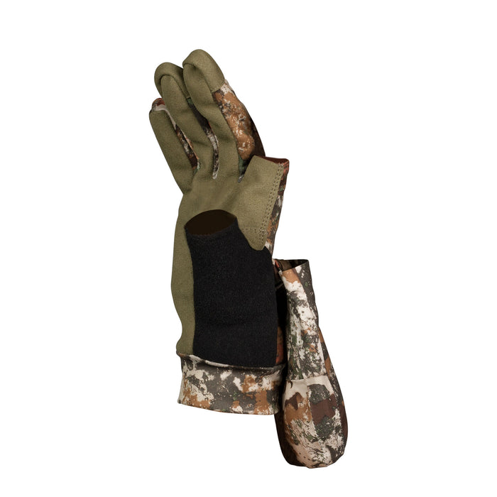 Olive green and camouflage hunting gloves with black knit wrist sections.
