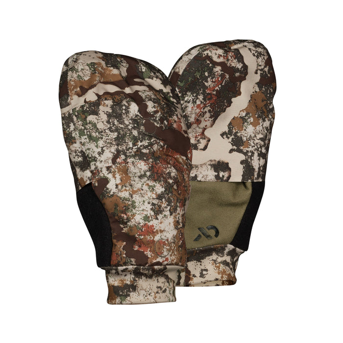 A pair of camouflage mittens with black ribbed cuffs, olive green palms, and a black logo on the right palm.