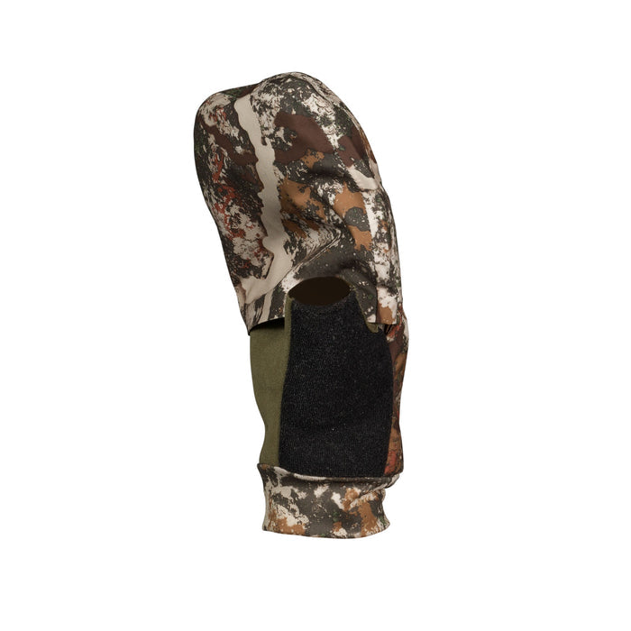 Camouflage hunting balaclava featuring an eye opening, black textured face panel, olive green neck, and ribbed cuff.