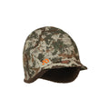 Camouflage hat with ear flaps, a short brim, brown fleece lining, and an orange logo.