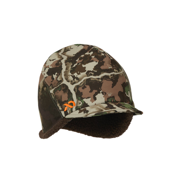Multicolor camouflage ear flap hat with dark brown fuzzy lining and a small orange logo on the front.