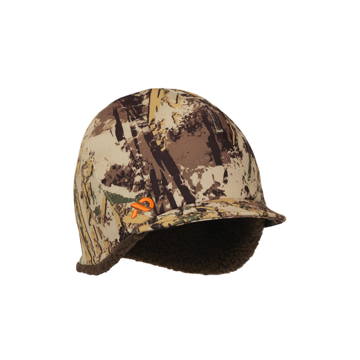 Camouflage ear flap cap with brown furry lining and an orange logo on the front.