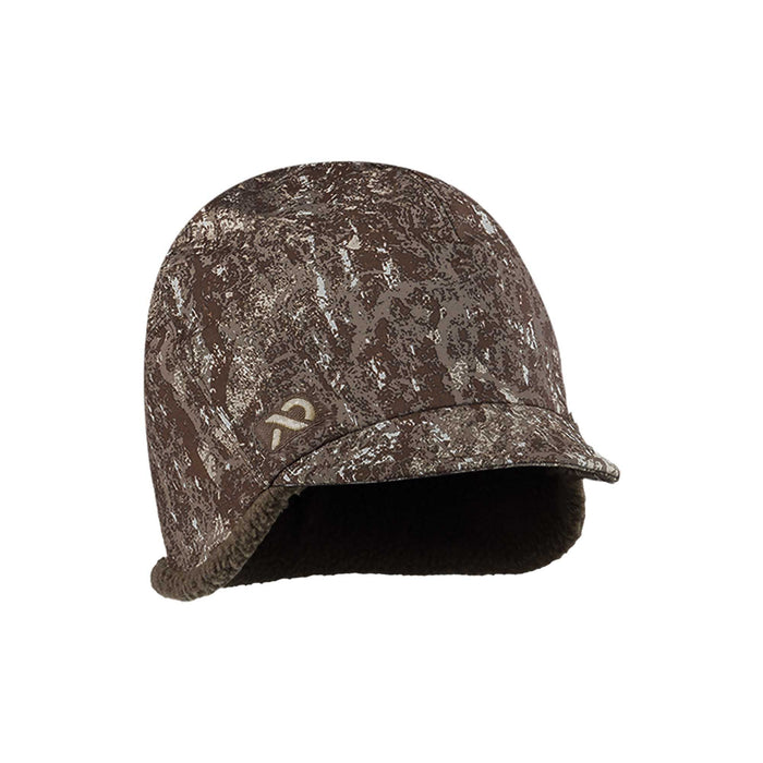 Brown camouflage winter hat with a short brim, ear flaps, and fuzzy lining.