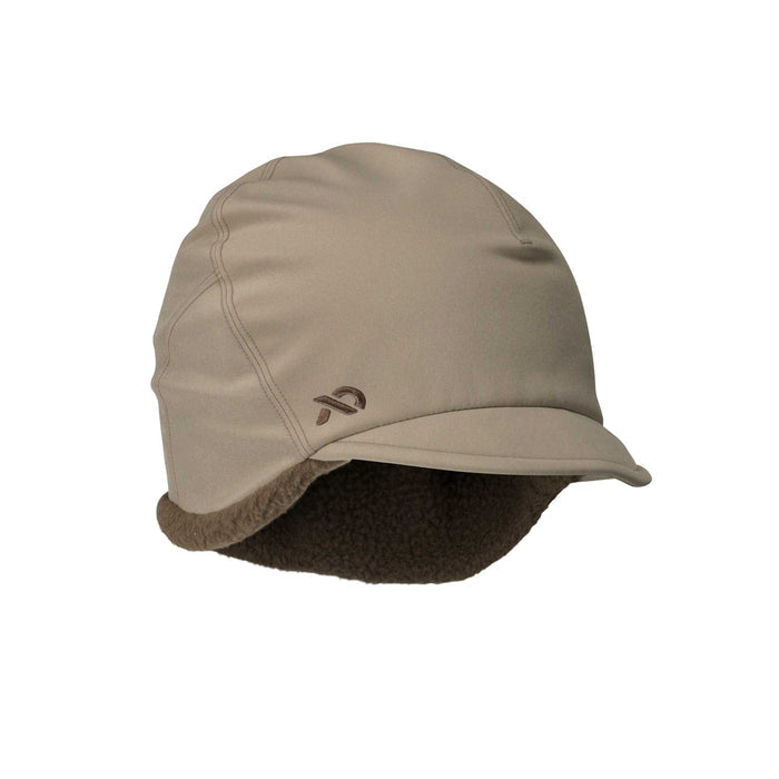 Tan earflap cap with a front brim, dark brown fur lining, and a small logo on the left side.