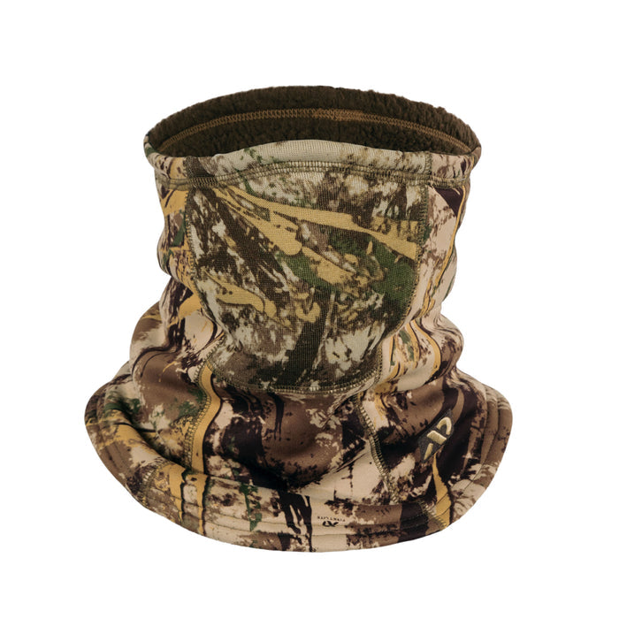 Brown, green, and tan camouflage neck gaiter, fleece-lined with a First Lite brand logo.