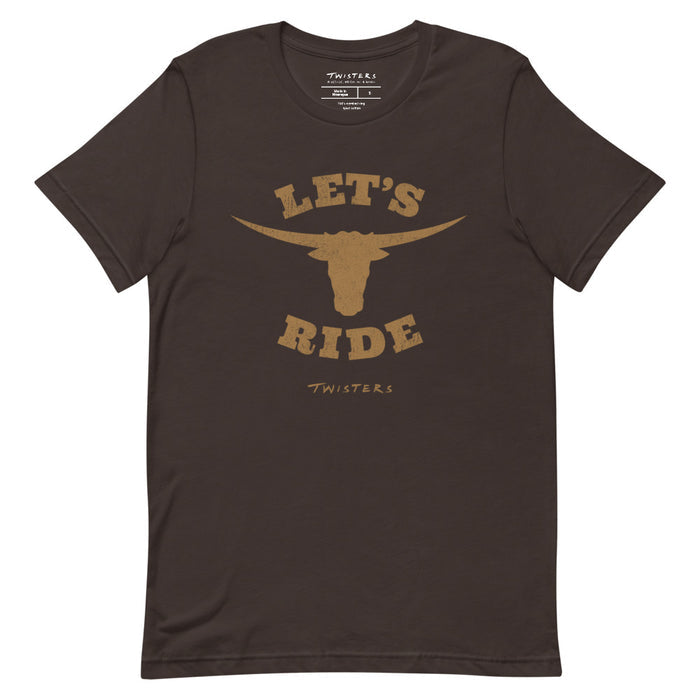 Brown Twisters Let's Ride t-shirt displayed flat, featuring bold graphic text on the front chest