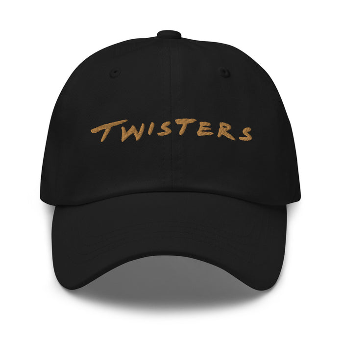 Twisters embroidered dad hat in black, front view showing the movie logo