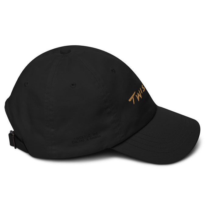 Back view of the black Twisters dad hat featuring the adjustable antique buckle strap