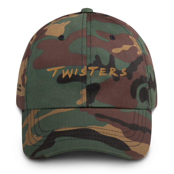 Twisters embroidered dad hat in green camo, front view showing the logo