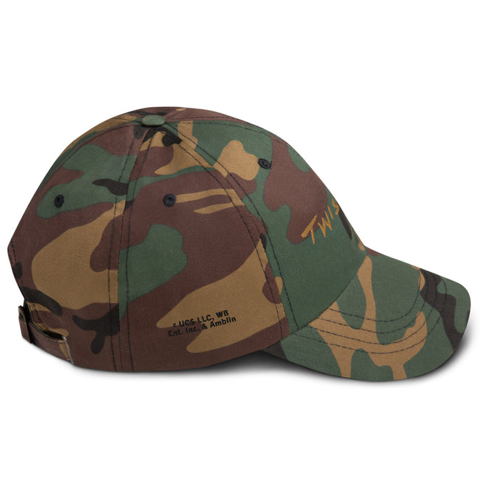 Side profile of the green camo Twisters dad hat showing the pattern detail
