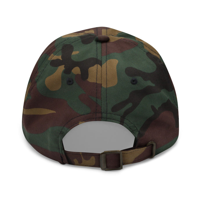 Back view of the green camo Twisters dad hat highlighting the adjustable strap