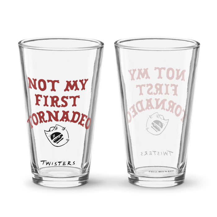 Clear 16 oz pint glass featuring the Not My First Tornadeo graphic from Twisters