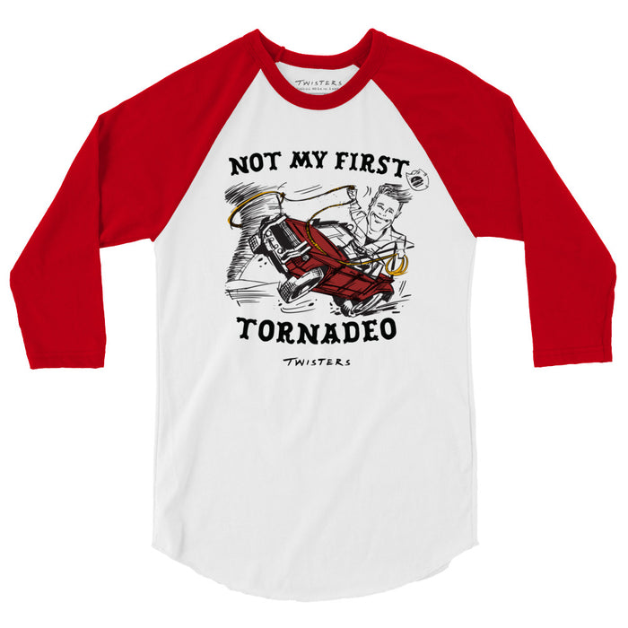 White and red raglan t-shirt with Not My First Tornadeo graphic on the front chest