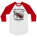 White and red raglan t-shirt with Not My First Tornadeo graphic on the front chest