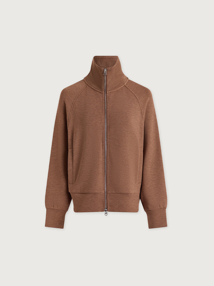 Golden Bronze Marl|Front-facing Tyde Zip Through Sweat in Golden Bronze Marl, DoubleSoft® fabric, two-way zip, knitted collar, vertical welt pockets.