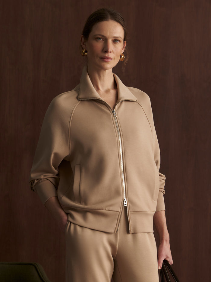 Light Taupe|Tyde Zip Through Sweat Light Taupe in DoubleSoft® fabric, featuring a two-way zip, knitted collar and vertical welt pockets.