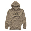 Sandstone hoodie with a hood, drawstrings, front kangaroo pocket, and a "FIRST LITE" logo with a camouflage "FL" design.