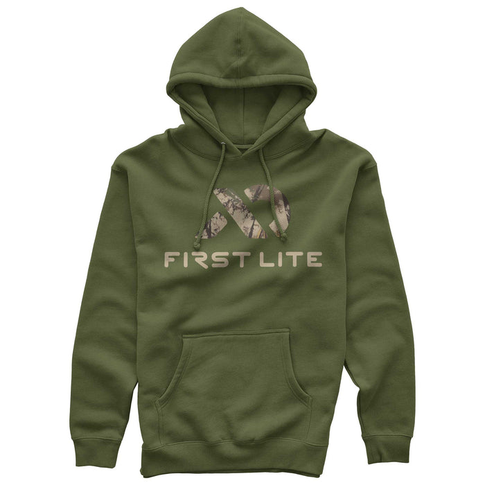 Olive green hoodie with a hood, drawstrings, front kangaroo pocket, and a "FIRST LITE" logo with a camouflage "FL" design.