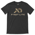 Dark gray heather t-shirt with a camouflage-patterned logo and "FIRST LITE" text on the chest