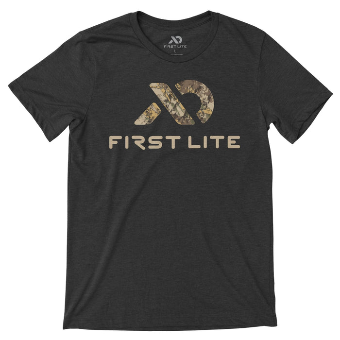 Dark gray heather t-shirt with a camouflage-patterned logo and "FIRST LITE" text on the chest