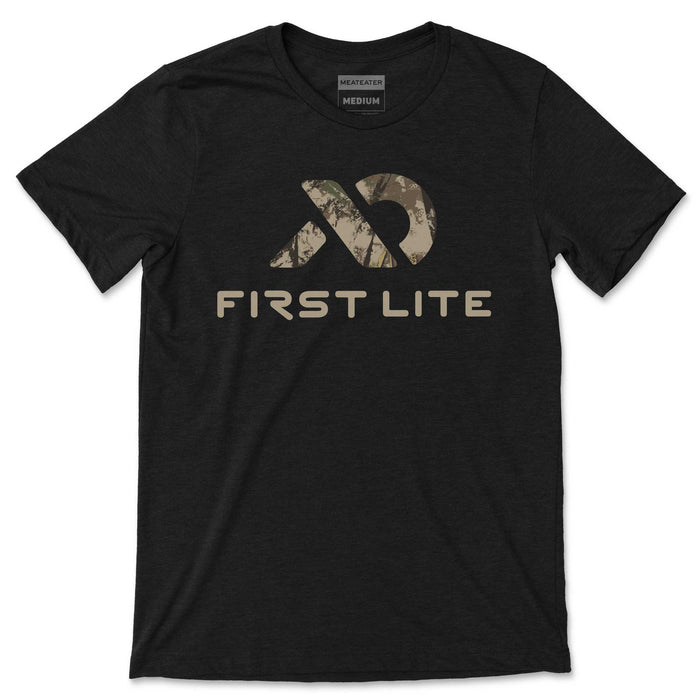 Black heather t-shirt with a camouflage-patterned logo and "FIRST LITE" text on the chest.