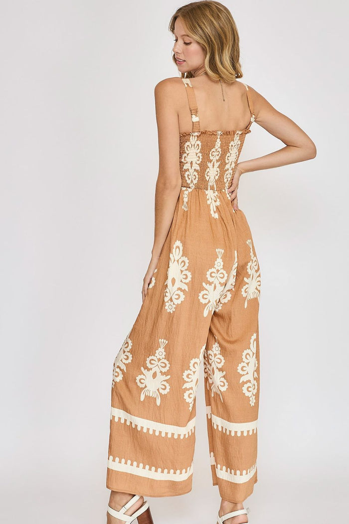 Umgee Full Size Smocked Printed Wide Leg Jumpsuit Plus Size