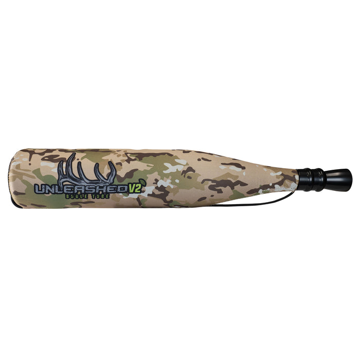 Multicam camouflage hunting bugle tube with a black mouthpiece and 'UNLEASHED V2' antler logo.