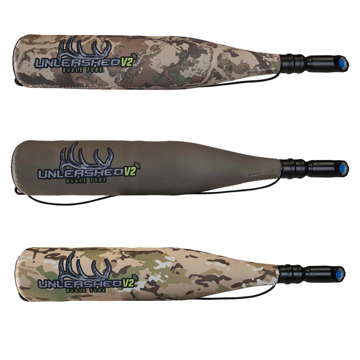 Three Unleashed V2 bugle tubes, two in camouflage and one in olive green, each with a black mouthpiece and a blue tip.