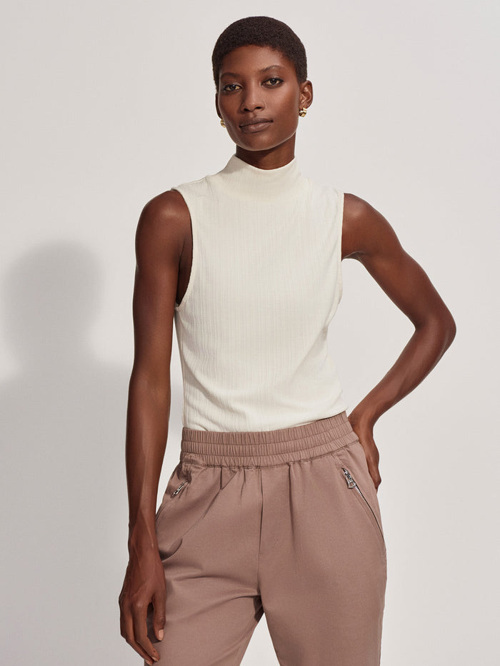 |Caley Fitted Rib Tank in Birch, lightweight viscose-blend rib with mock neck and straight hem, luxurious hand feel.