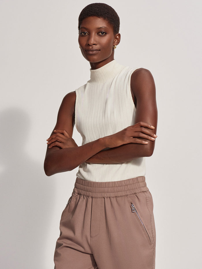 |Varley Caley Fitted Rib Tank in Birch, front view showing a ribbed, sleeveless top with a sleek fitted silhouette.