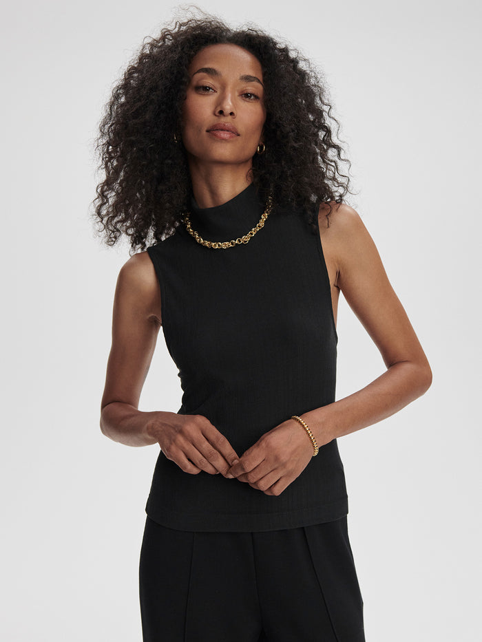 Black|Front view of the Caley Fitted Tank in Black, a sleeveless top with a fitted silhouette.