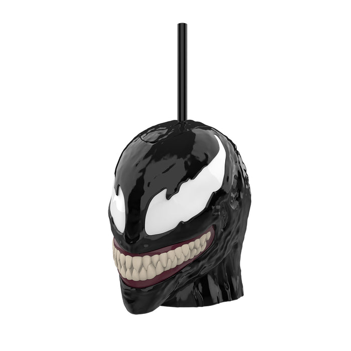 Close-up detail shot of the Venom graphic branding on the collectible drinkware cup