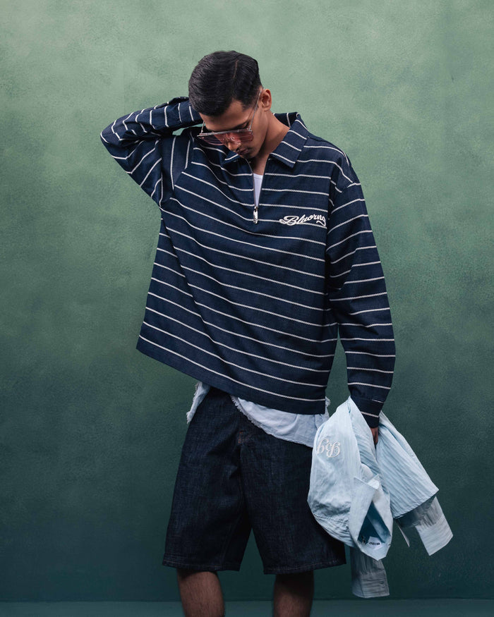 White Stripe Rugby Full Sleeve Quarter Zipper
