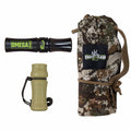 A black Omega Hybrid game call and an olive green Fawn Distress game call are displayed next to a camouflage Smash and Clash drawstring bag.