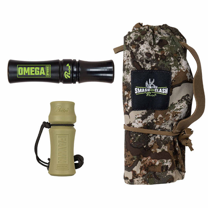 A black Omega Hybrid game call and an olive green Fawn Distress game call are displayed next to a camouflage Smash and Clash drawstring bag.
