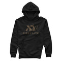Black hoodie featuring a brown First Lite logo with text and an antler graphic, a hood with drawstrings, and a front kangaroo pocket.