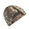 Earth-toned camouflage beanie with an orange logo on a brown tag.