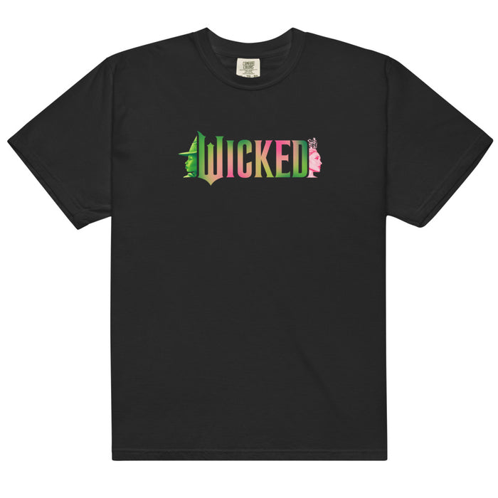 Black crew-neck t-shirt featuring the Wicked A Story of Two Halves graphic centered on the chest, front view
