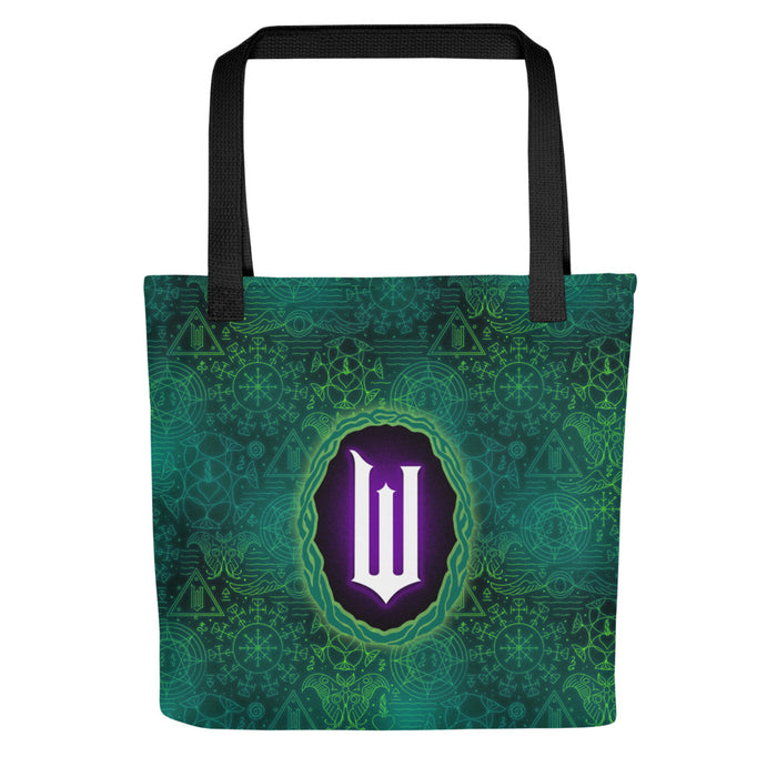 Wicked badge tote bag featuring a bold graphic print on a durable white 15 by 15 inch fabric body with black handles