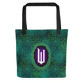 Wicked badge tote bag featuring a bold graphic print on a durable white 15 by 15 inch fabric body with black handles
