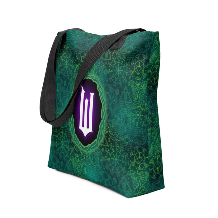 Close-up of the Wicked badge design printed sharply on the spun polyester fabric of the tote bag