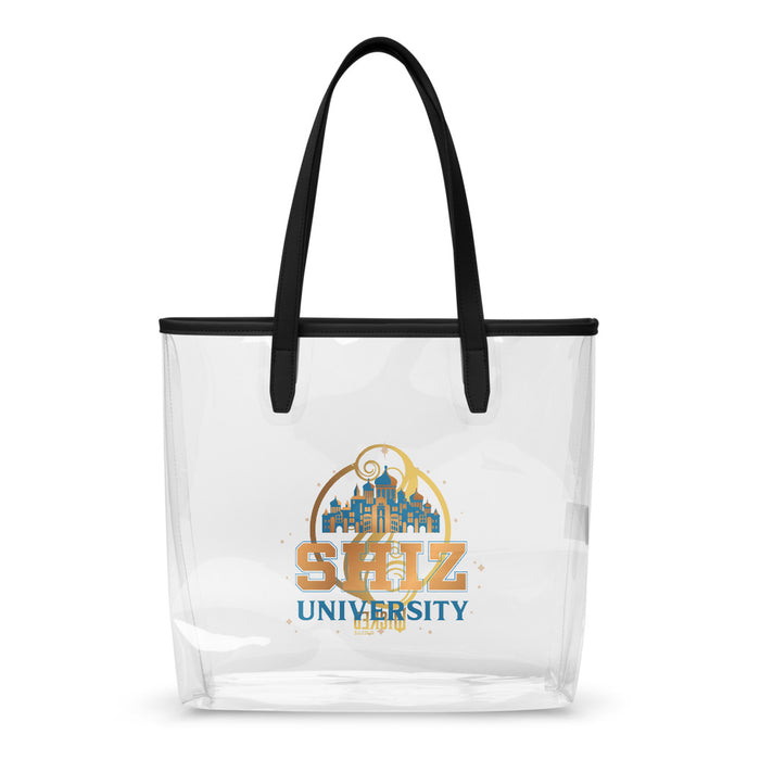 Wicked Shiz University clear tote bag showing the official university crest on transparent TPU material