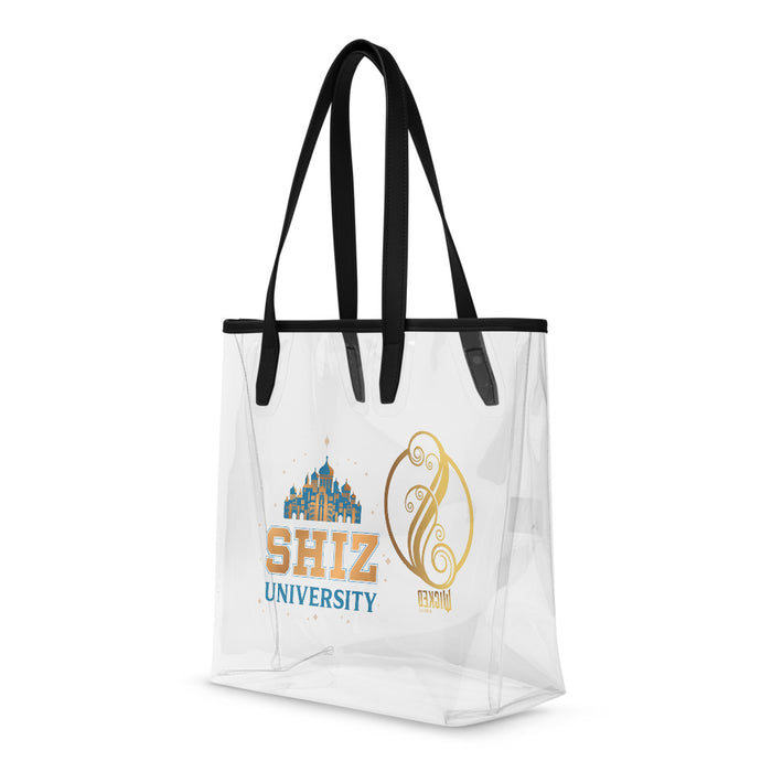 Front view of Wicked Shiz University clear tote bag with open main compartment