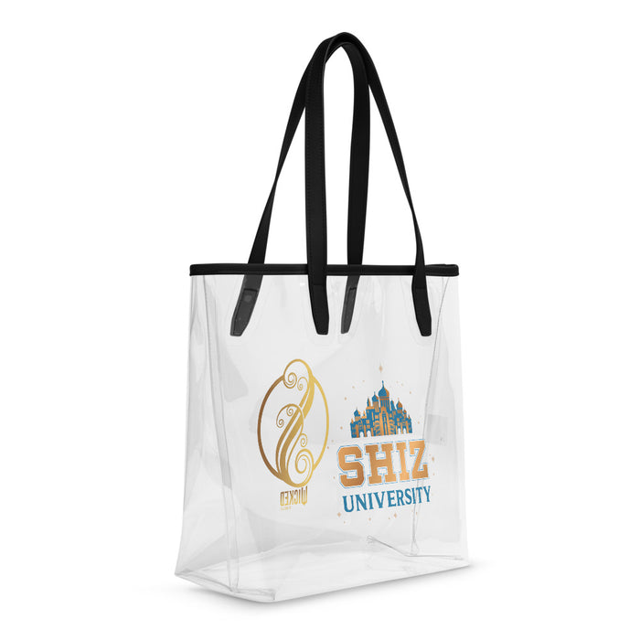 Side angle of Wicked Shiz University clear handbag displaying structured clear TPU design